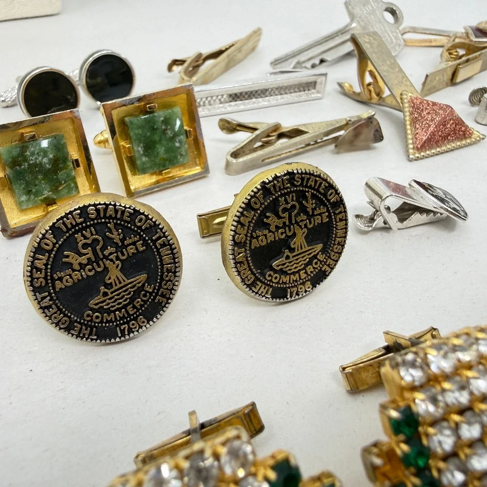 Vintage Mens Jewelry Lot of 26 Cufflinks Tie‎ Clips Pins Rhinestone Vintage
